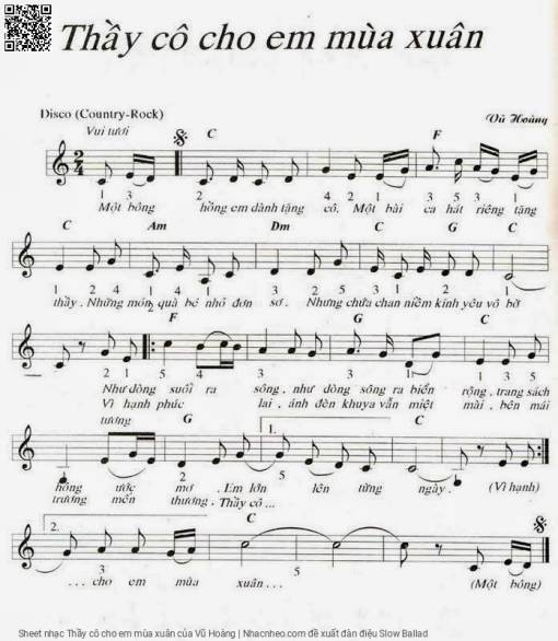 Sheet nhạc PDF bài Thầy cô cho em mùa xuân