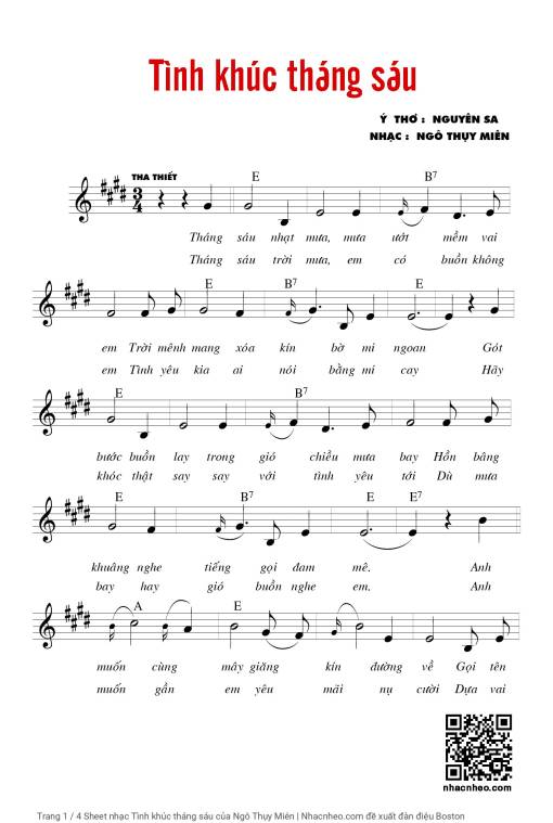 Sheet nhạc PDF bài Tình khúc tháng sáu