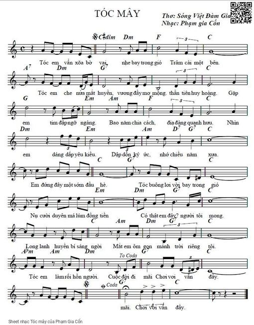 Sheet nhạc PDF bài Tóc mây - Phạm Gia Cổn