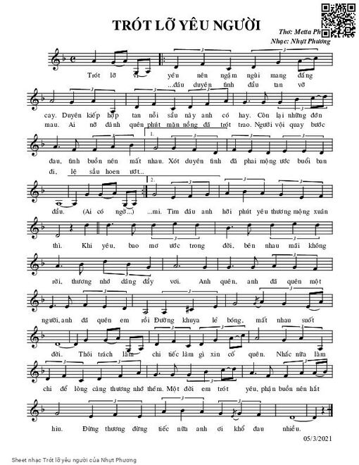 Sheet nhạc PDF bài Trót lỡ yêu người