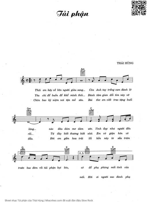 Sheet nhạc PDF bài Tủi phận - Thái Hùng
