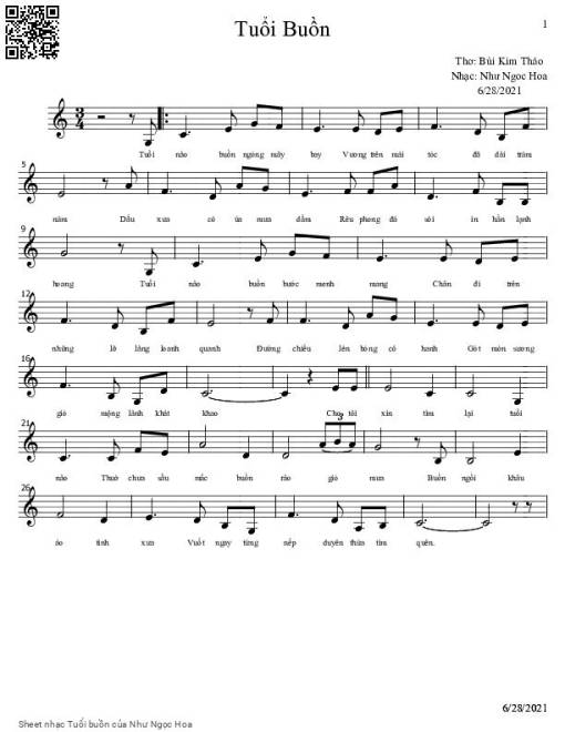 Sheet nhạc PDF bài Tuổi buồn - Như Ngọc Hoa