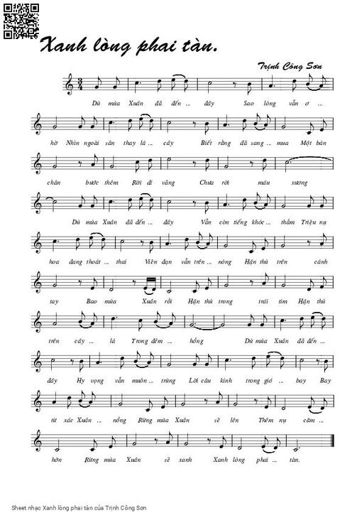 Sheet nhạc PDF bài Xanh lòng phai tàn