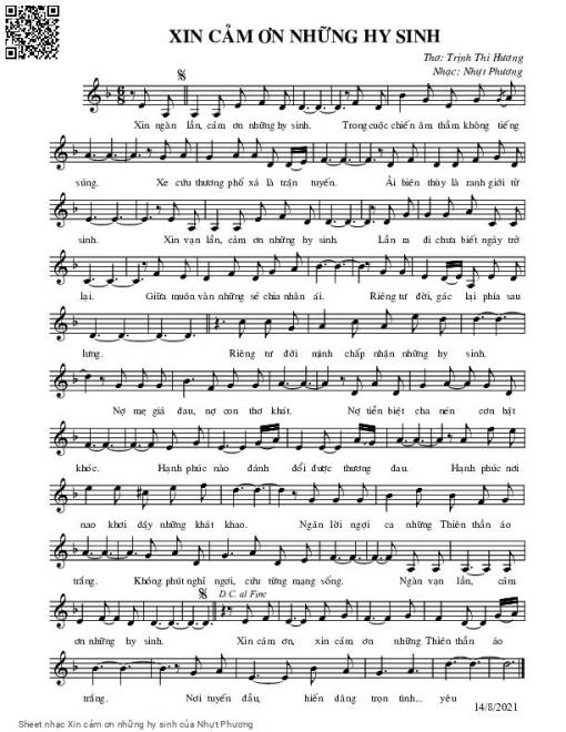 Sheet nhạc PDF bài Xin cảm ơn những hy sinh