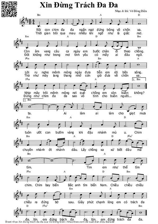 Sheet nhạc PDF bài Xin đừng trách đa đa