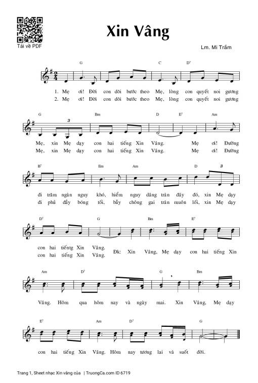 Sheet nhạc PDF bài Xin vâng - Lm. Mi Trầm
