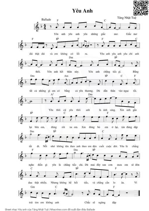 Sheet nhạc PDF bài Yêu anh - Tăng Nhật Tuệ