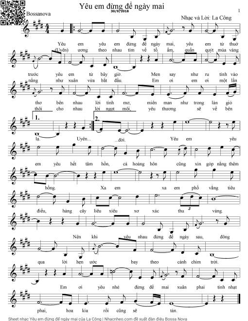 Sheet nhạc PDF bài Yêu em đừng để ngày mai