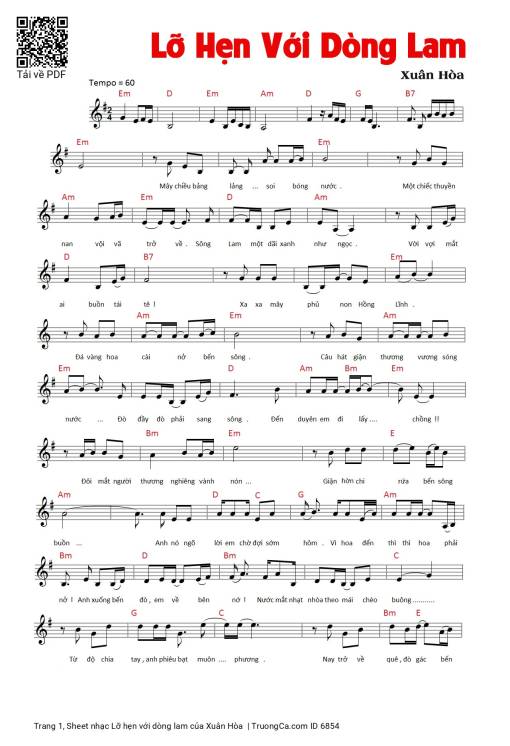 Sheet nhạc PDF bài Lỡ hẹn với dòng lam