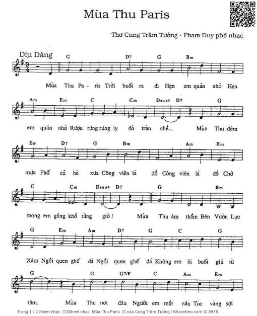Sheet nhạc PDF bài Mùa Thu Paris		