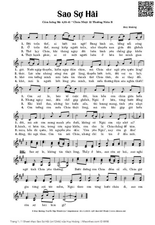 Sheet nhạc PDF bài Sao Sợ Hãi (Chúa Nhật 12 B)