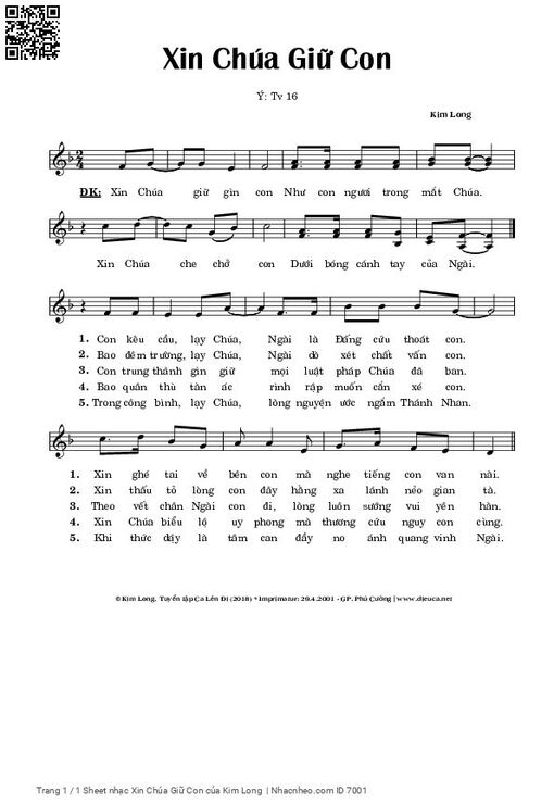Sheet nhạc PDF bài Xin Chúa Giữ Con, Thánh Vịnh 16