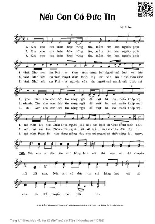 Sheet nhạc PDF bài Nếu Con Có đức Tin
