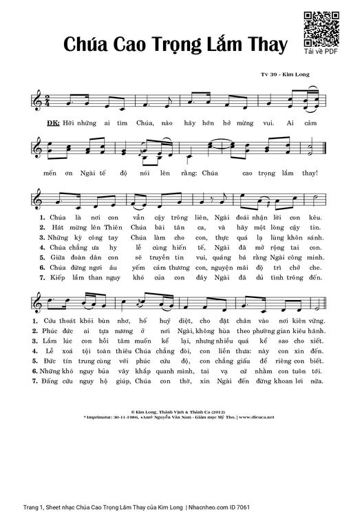 Sheet nhạc PDF bài Chúa Cao Trọng Lắm Thay (Thánh Vịnh 39)