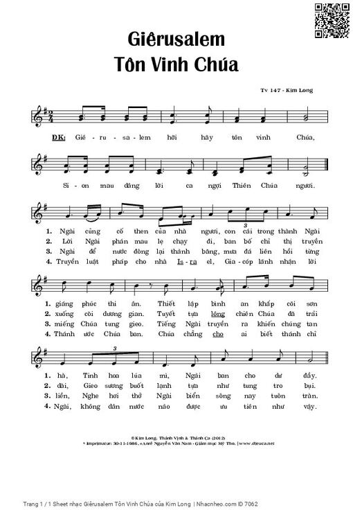 Sheet nhạc PDF bài Giêrusalem Tôn Vinh Chúa (Tv 147)