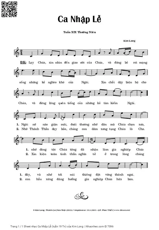 Sheet nhạc PDF bài Ca Nhập Lễ Chúa Nhật 19 thường niên