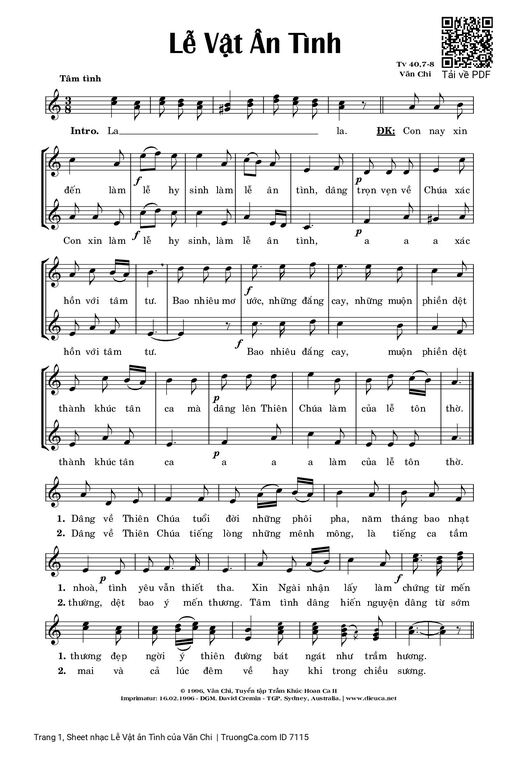 Sheet nhạc PDF bài Lễ Vật ân Tình