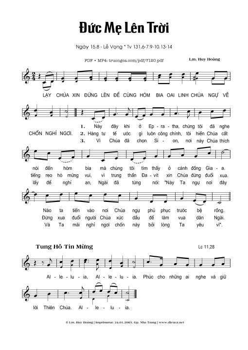 Sheet nhạc PDF bài Vọng đức Mẹ Lên Trời (Thánh vịnh 131)