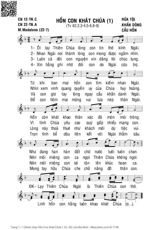 Sheet nhạc PDF bài Hồn Con Khát Chúa 1 (Thánh vịnh 62)