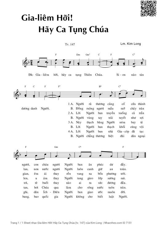 Sheet nhạc PDF bài Gia-liêm Hỡi! Hãy Ca Tụng Chúa (Thánh vịnh 147)