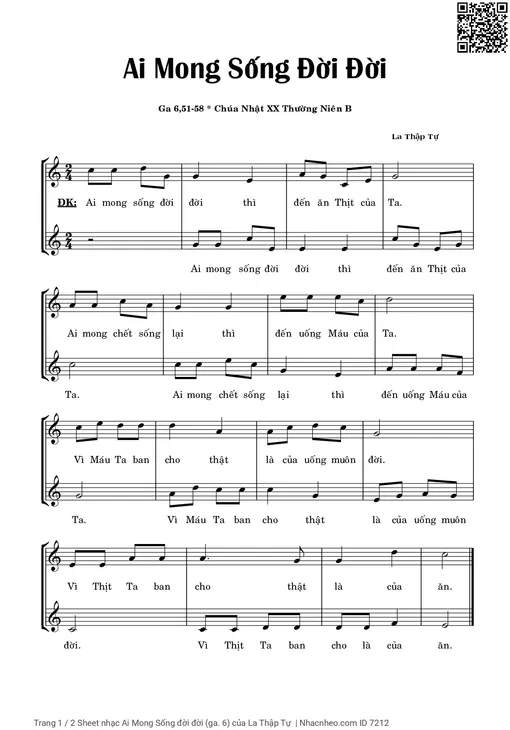 Sheet nhạc PDF bài Ai Mong Sống đời đời (ga. 6)