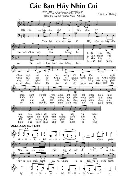 Sheet nhạc PDF bài Các Bạn Hãy Nhìn Coi (Thánh Vịnh 33) *