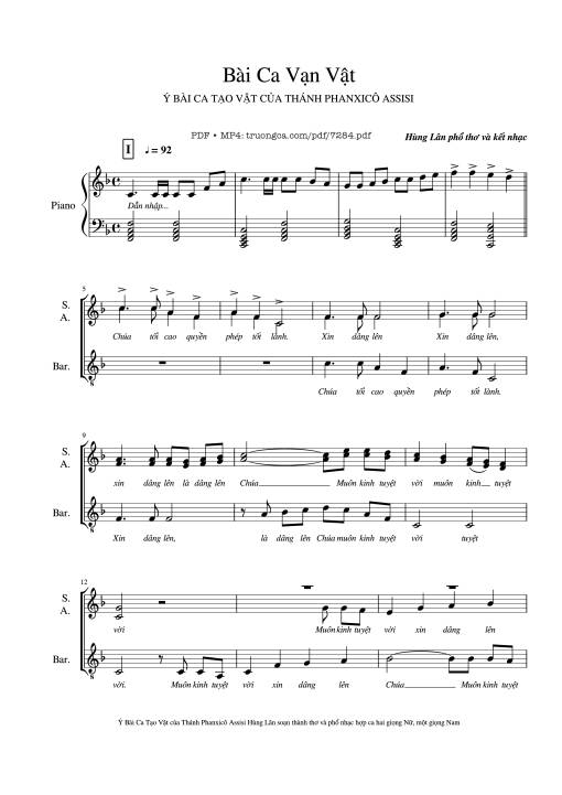 Sheet nhạc PDF bài Bài Ca Vạn Vật - Hùng Lân