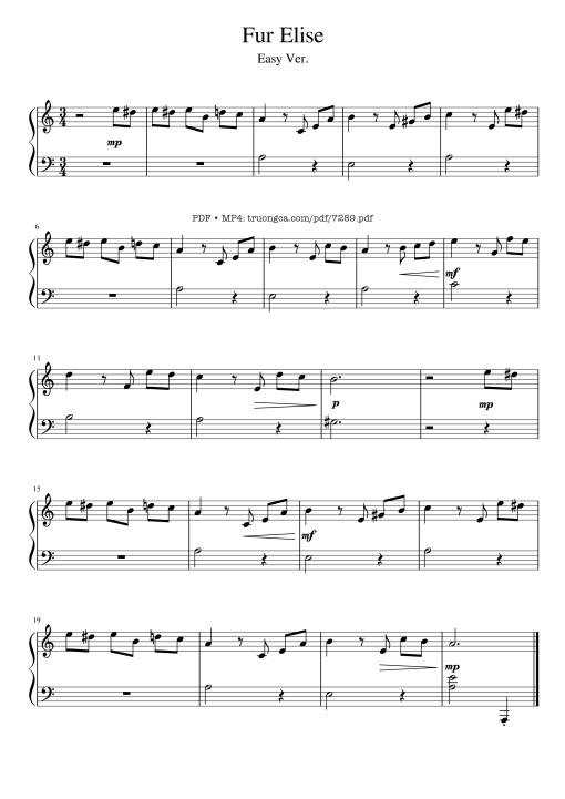 Sheet nhạc PDF bài Fur Elise Piano EASY
