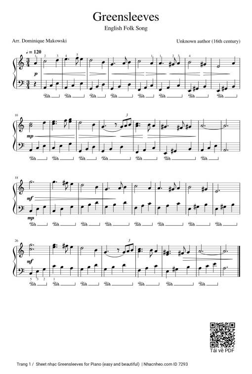 Sheet nhạc PDF bài Greensleeves Piano (easy and beautiful)
