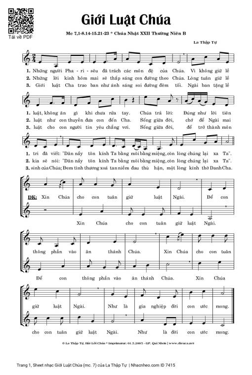 Sheet nhạc PDF bài Giới Luật Chúa (mc. 7)