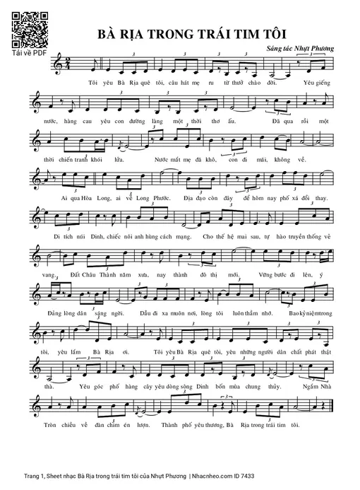 Sheet nhạc PDF bài Bà Rịa trong trái tim tôi