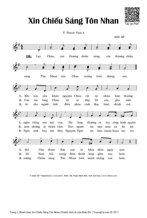 Sheet nhạc PDF bài Xin Chiếu Sáng Tôn Nhan (Thánh Vịnh 4)