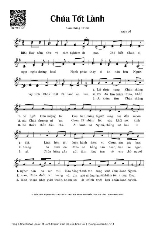 Sheet nhạc PDF bài Chúa Tốt Lành (Thánh Vịnh 33)