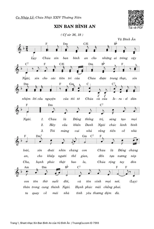 Sheet nhạc PDF bài Xin Ban Bình An