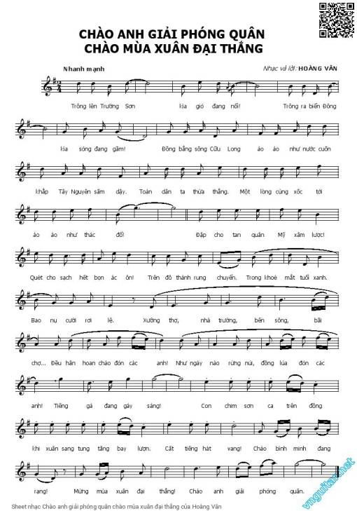 Sheet nhạc PDF bài Chào anh giải phóng quân chào mùa xuân đại thắng