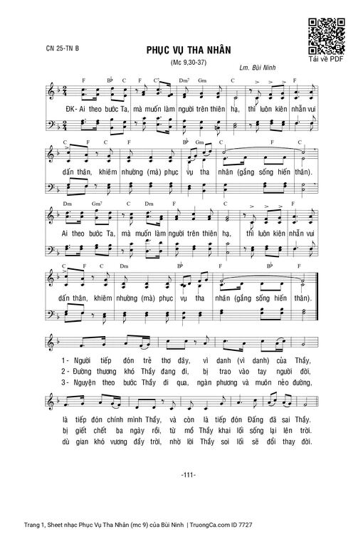 Sheet nhạc PDF bài Phục Vụ Tha Nhân (mc 9)