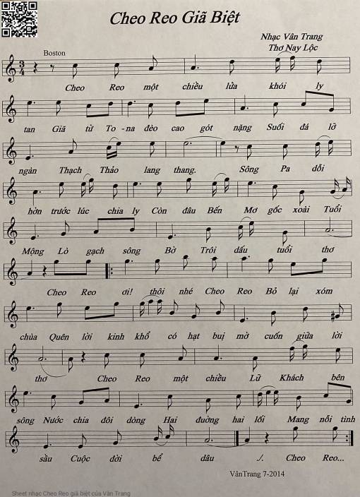 Sheet nhạc PDF bài Cheo Reo giã biệt