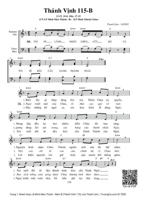 Sheet nhạc PDF bài Lễ Mình Máu Thánh - Năm B (Thánh Vịnh 115)