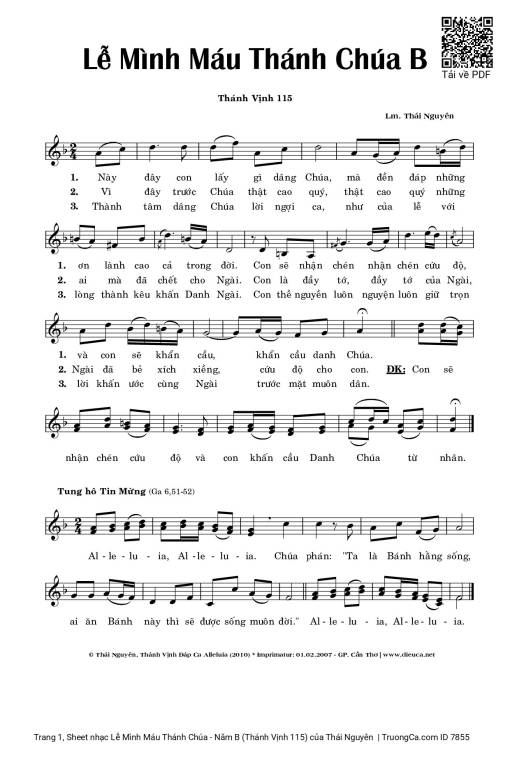 Sheet nhạc PDF bài Lễ Mình Máu Thánh Chúa - Năm B (Thánh Vịnh 115)