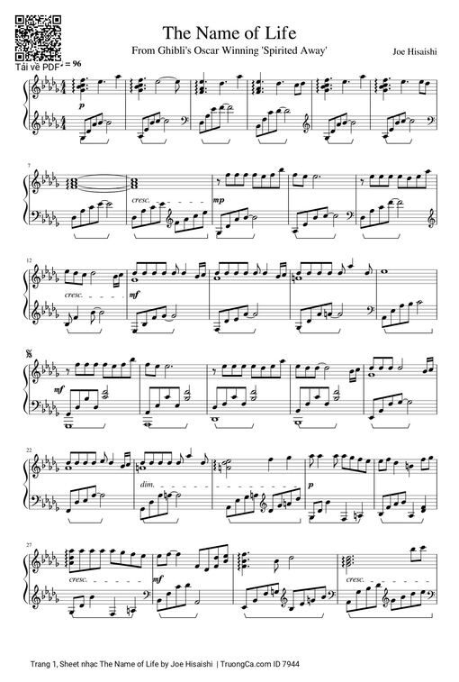 Sheet nhạc PDF bài The Name of Life, Joe Hisaishi, Sheet Piano