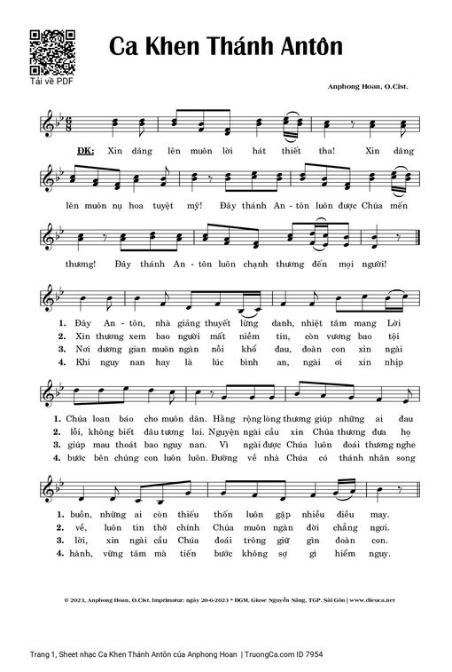 Sheet nhạc PDF bài Ca Khen Thánh Antôn