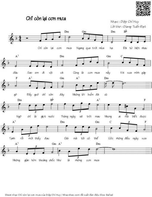 Sheet nhạc PDF bài Chỉ còn lại cơn mưa