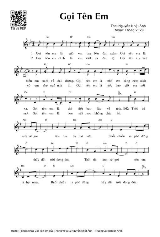 Sheet nhạc PDF bài Gọi Tên Em - Thông Vi Vu & Nguyễn Nhật Ánh
