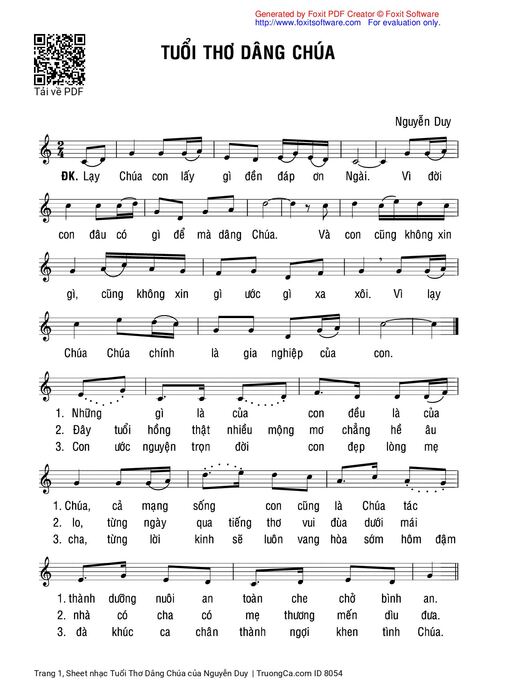 Sheet nhạc PDF bài Tuổi Thơ Dâng Chúa