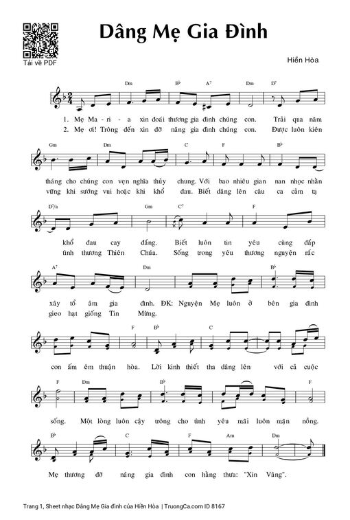 Sheet nhạc PDF bài Dâng Mẹ Gia đình