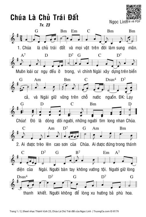 Sheet nhạc PDF bài Thánh Vịnh 23, Chúa Là Chủ Trái đất