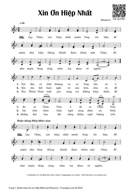 Sheet nhạc PDF bài Xin ơn Hiệp Nhất