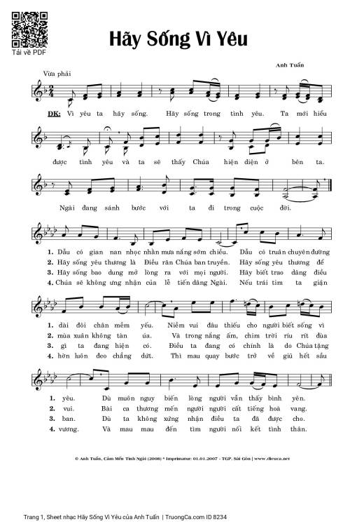 Sheet nhạc PDF bài Hãy Sống Vì Yêu