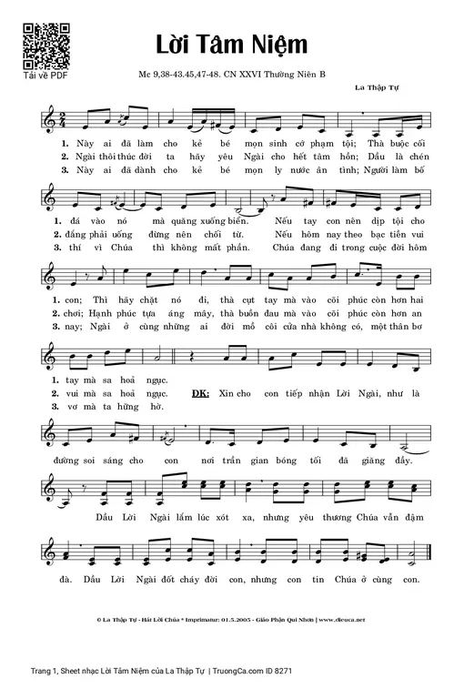 Sheet nhạc PDF bài Lời Tâm Niệm