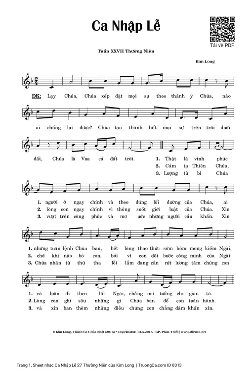 Sheet nhạc PDF bài Ca Nhập Lễ 27 Thường Niên